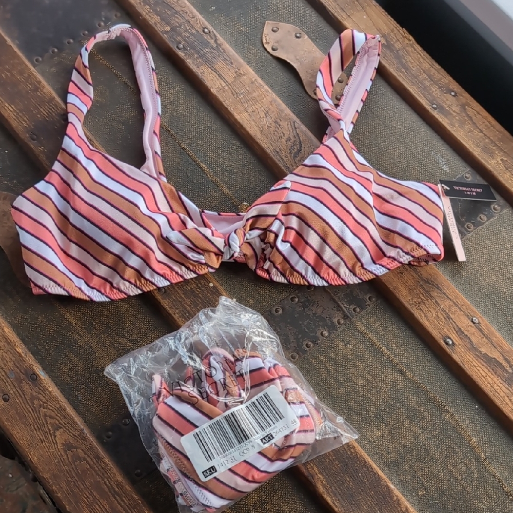 Victoria's Secret Pink and Brown Striped Bikini Top